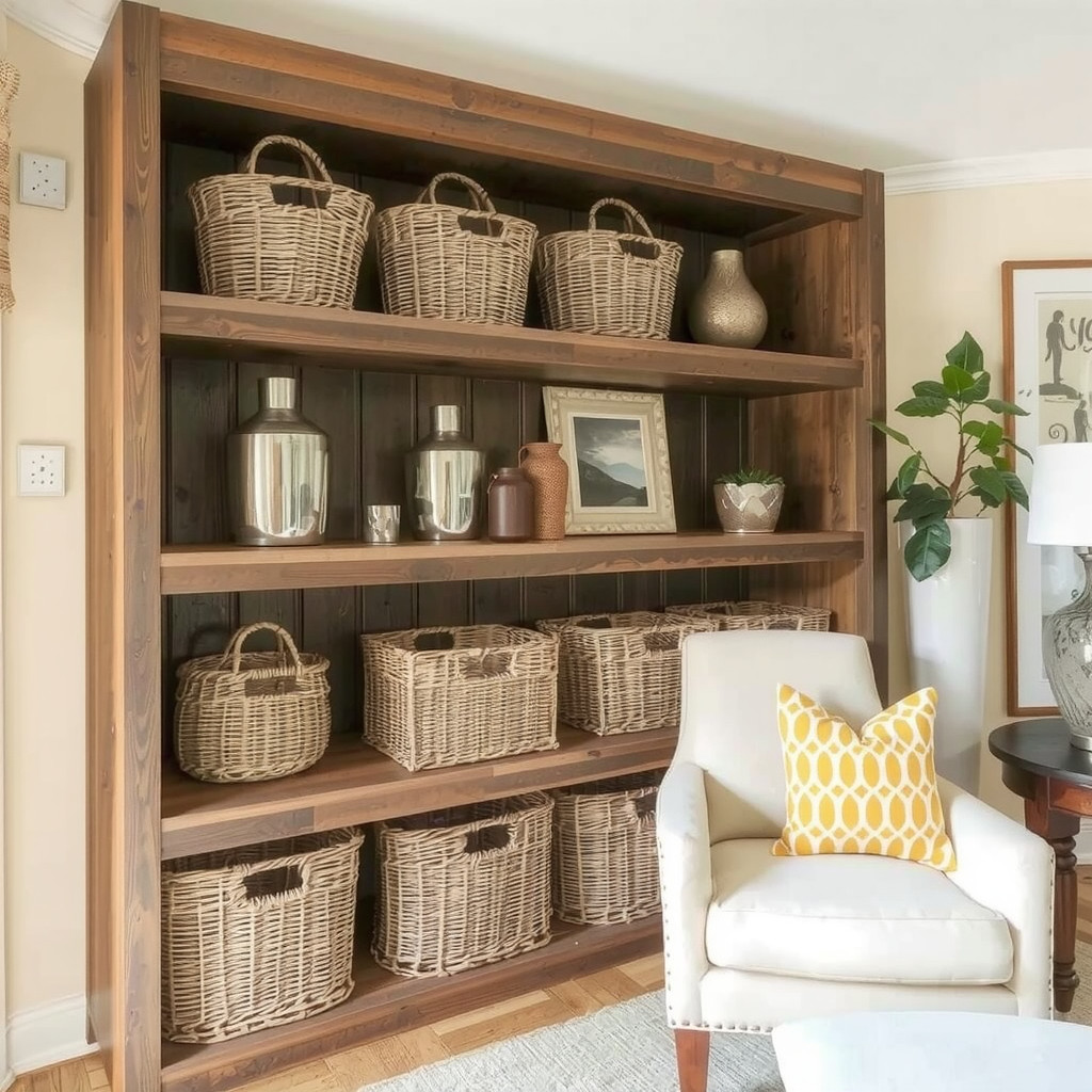A reclaimed wood shelf with woven baskets and metallic vases