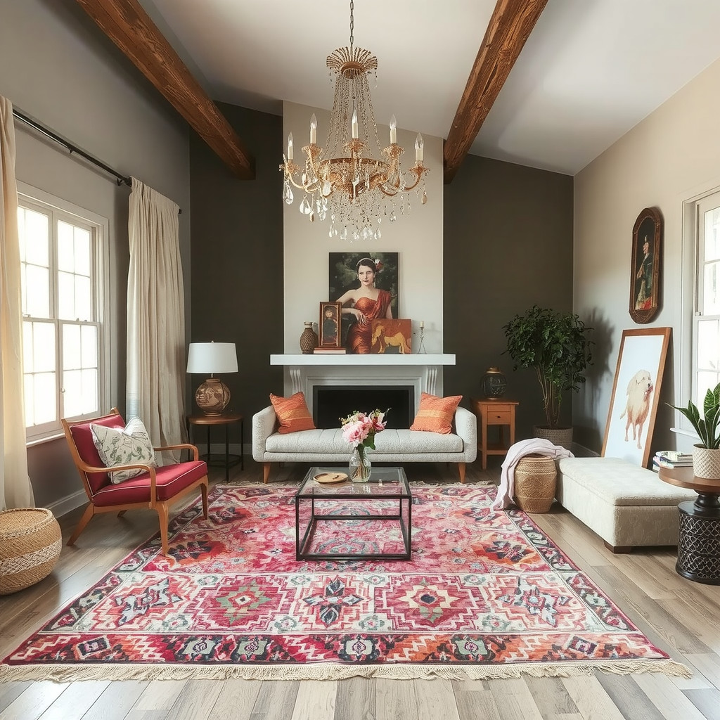 A colorful Moroccan rug and a unique chandelier in a living room