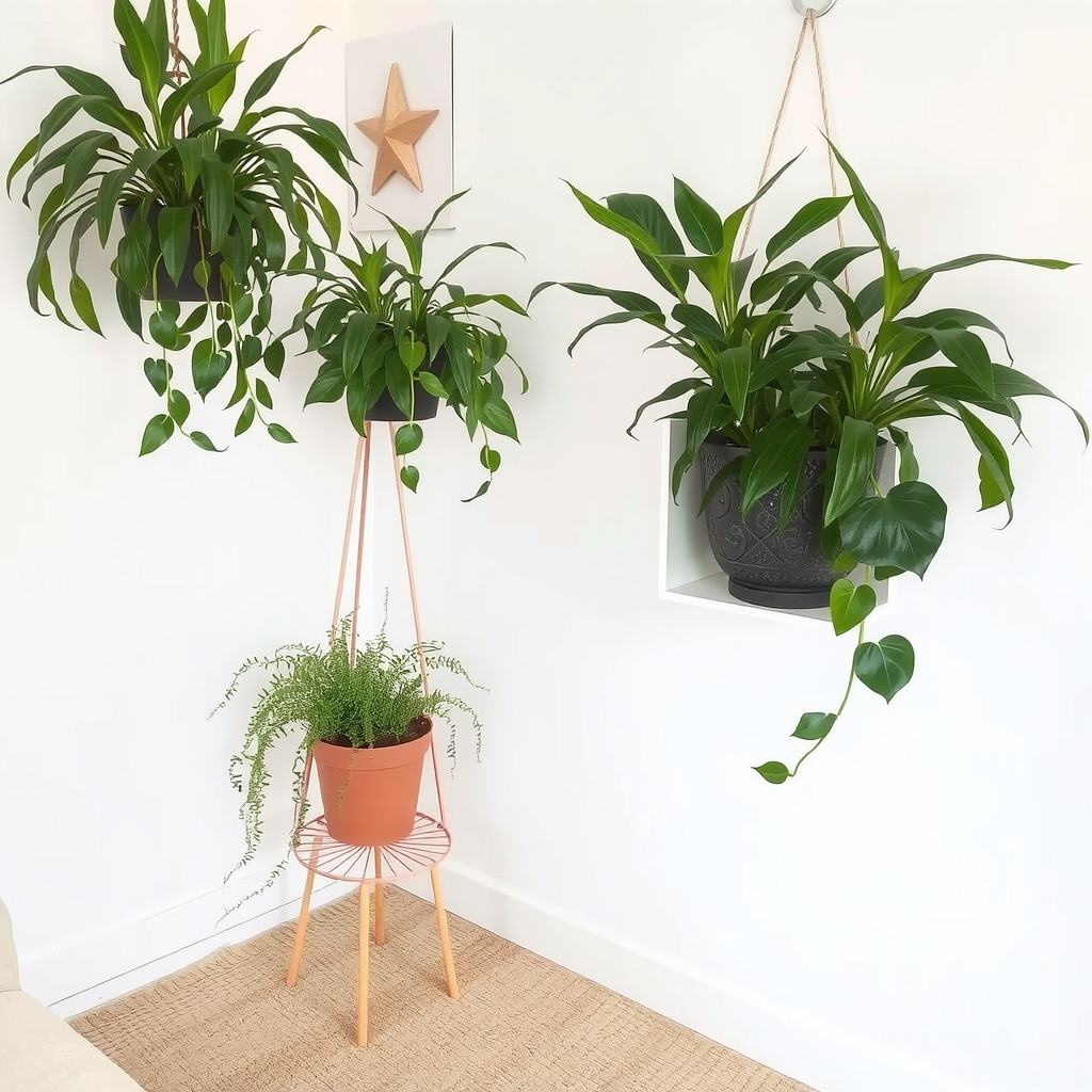 A hanging plant and a potted plant on a shelf in a living room