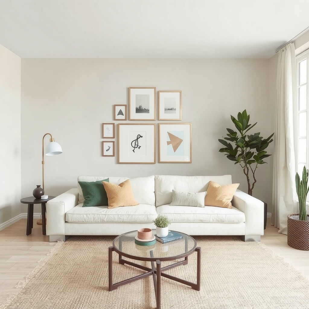 A minimalist living room with a simple gallery wall and a few throw pillows