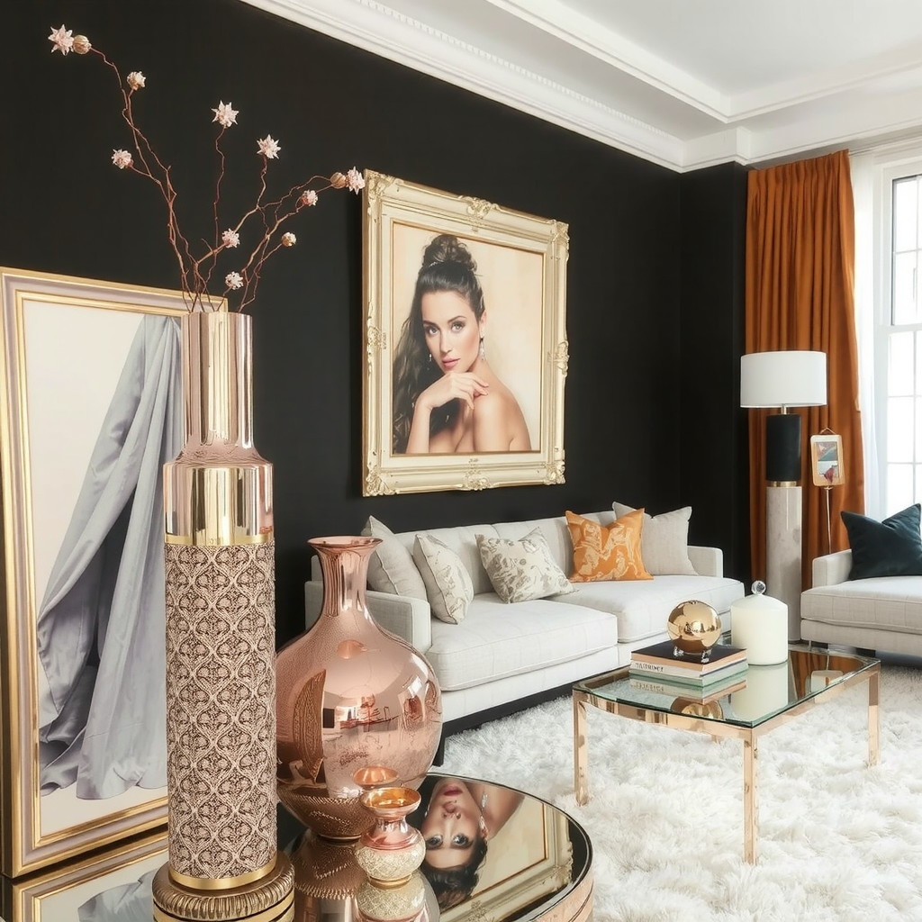 A metallic vase and a metallic picture frame in a living room