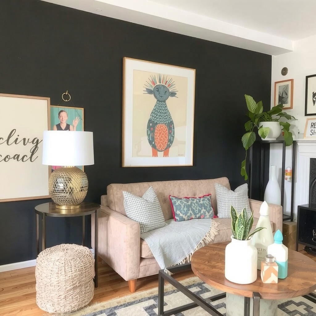 A unique piece of artwork and a few whimsical decorative items in a living room