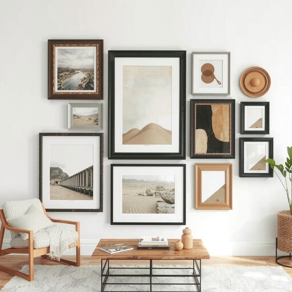 A layered gallery wall with frames of different depths and textures