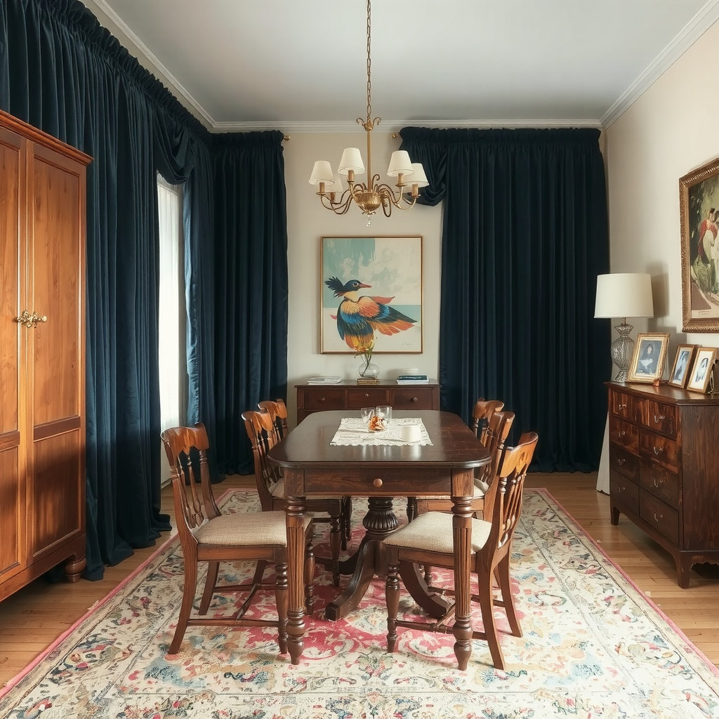Dining room with wooden furniture and velvet drapes