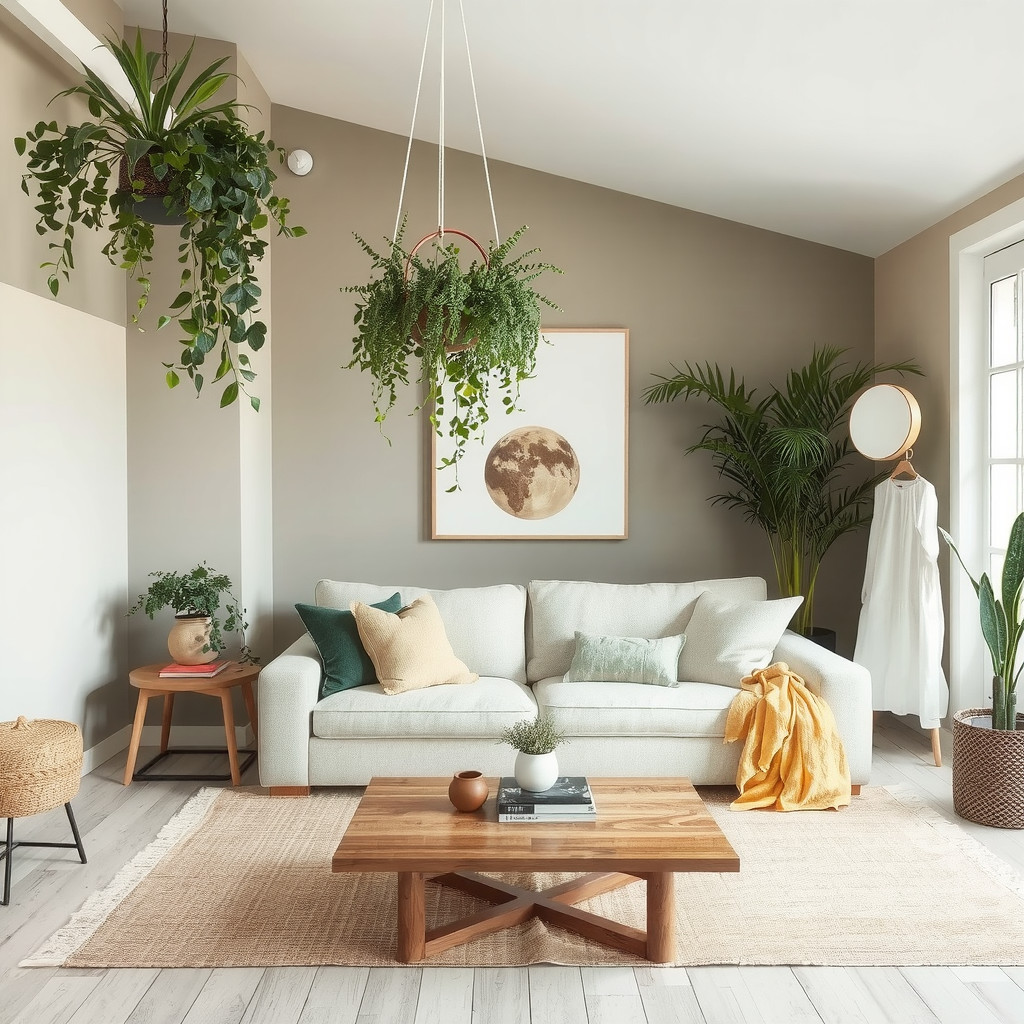 Living room with a hanging plant