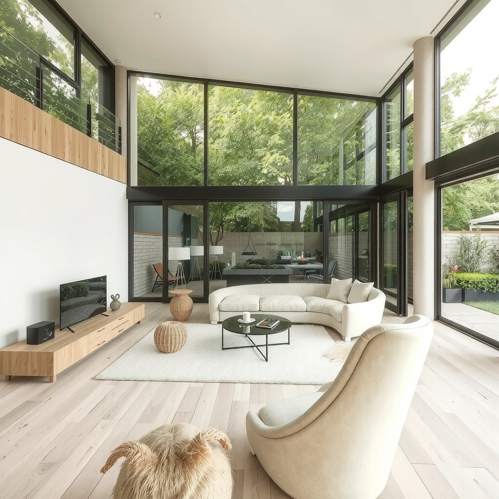 An open plan room with fluid layout and large windows