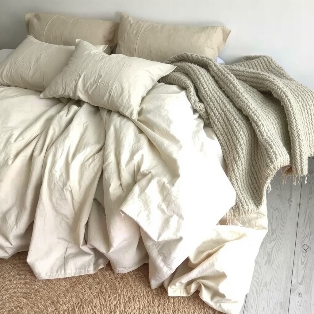 Layered linen bedding and woven rugs in a bedroom