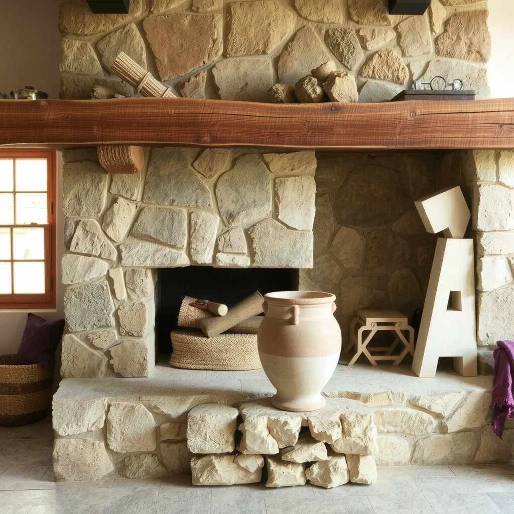 A statement clay fireplace in a rustic living area