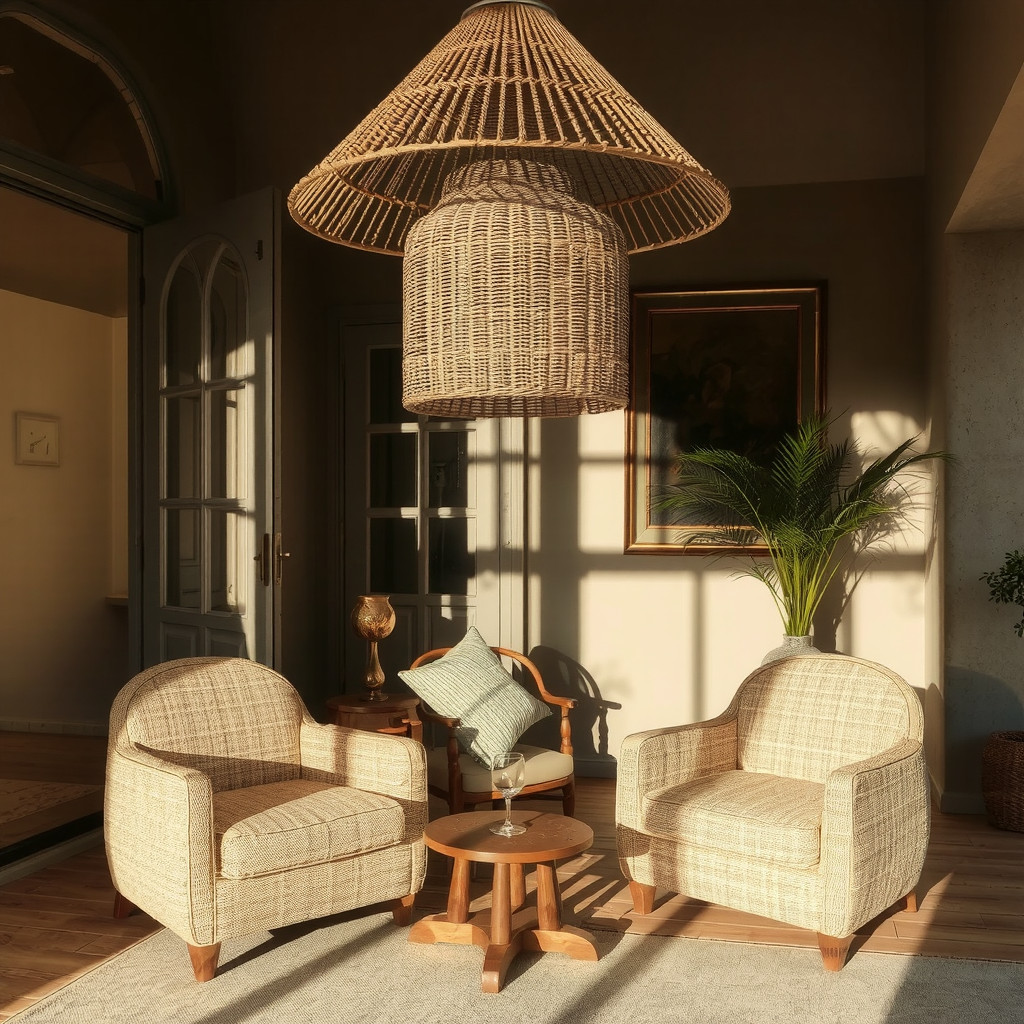 Warm ambient lighting with rattan pendant lamps
