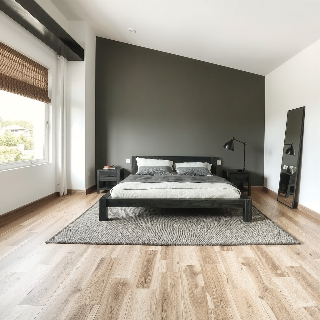 An optimally arranged dark bedroom showing bed placement relative to a window