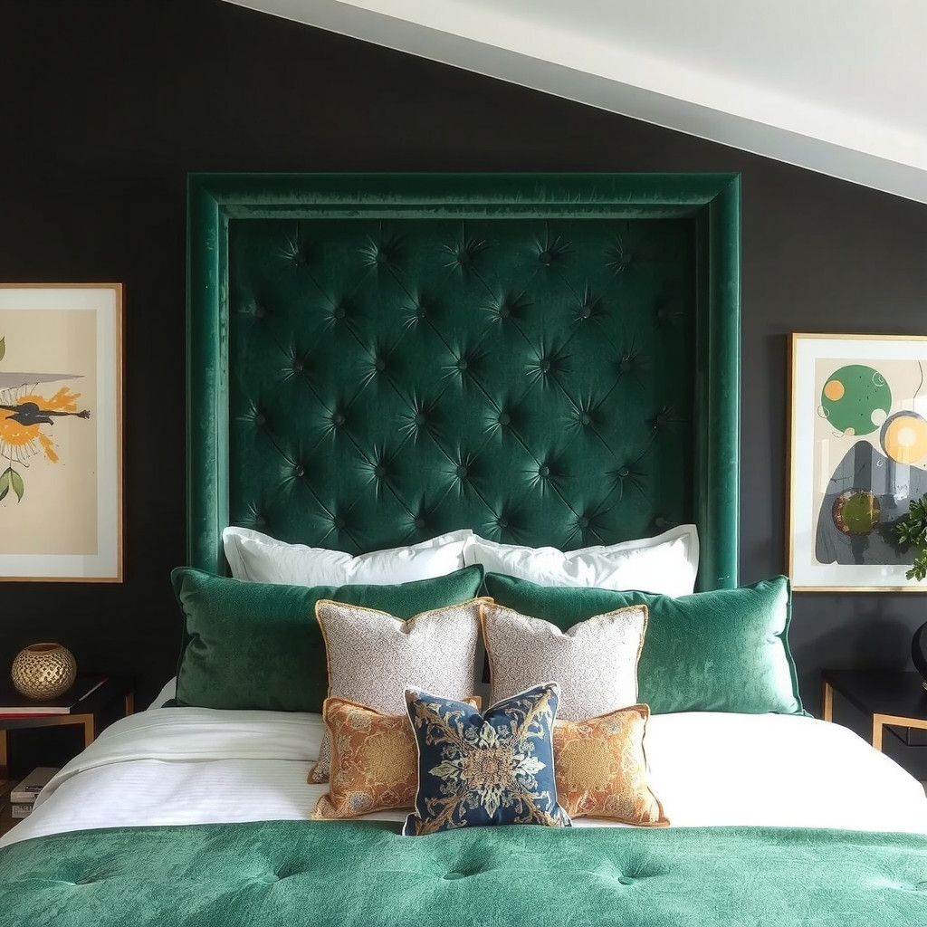 A dramatic velvet headboard serving as the room's focal point