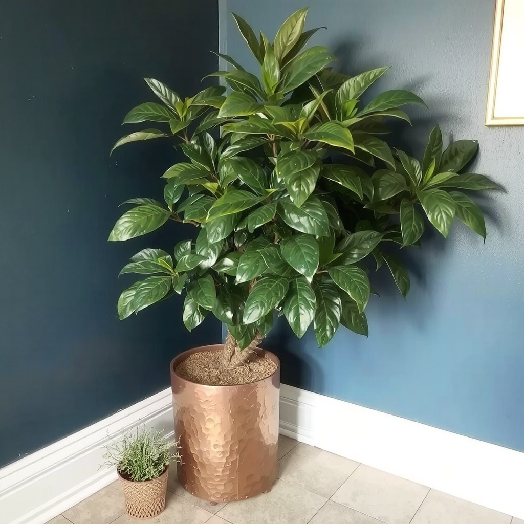 A large rubber plant with glossy leaves against a navy blue wall