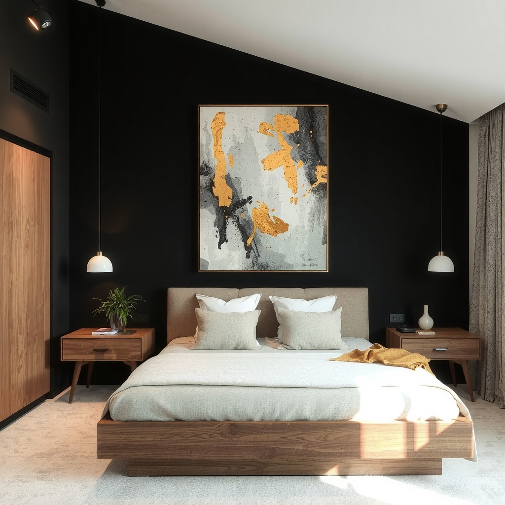 A striking bedroom focal point consisting of an oversized abstract canvas with metallic gold strokes mounted on a jet black feature wall, positioned above a low-profile walnut platform bed, highlighted by a precise beam of warm track lighting to create drama and depth.