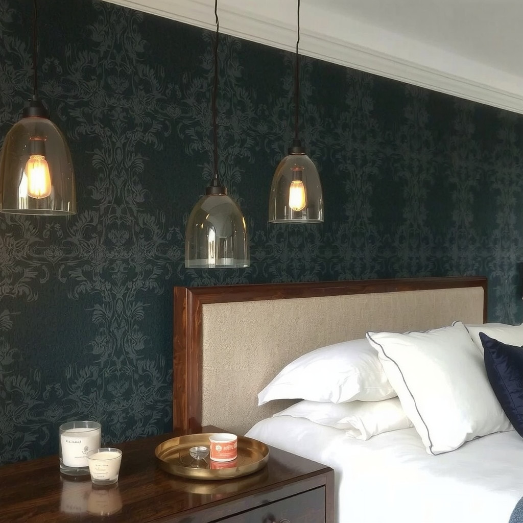 Intimate and soothing bedroom lighting arrangement featuring smoked glass pendant lights hanging low beside the bed, casting a soft amber glow onto textured dark teal wallpaper and illuminating the edge of a dark mahogany bedside table with a brass tray.