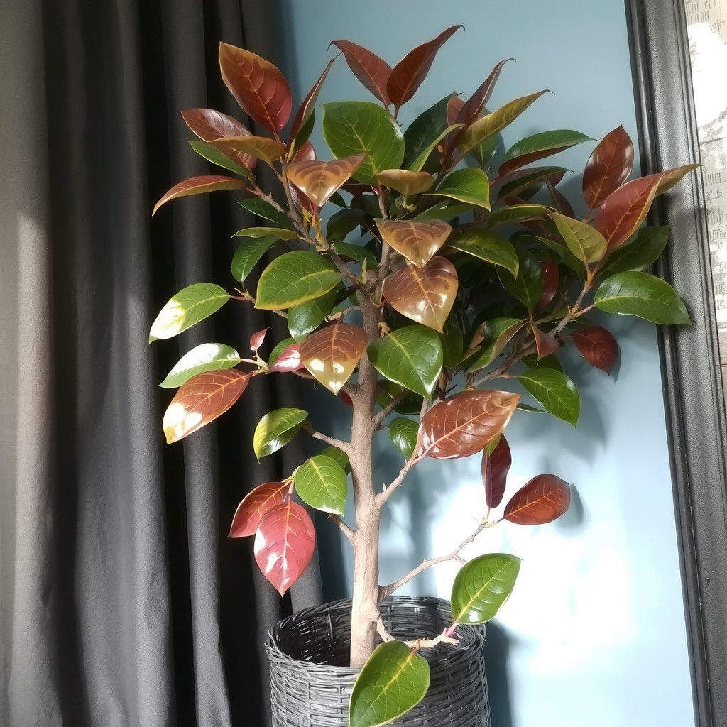 A vibrant Ficus Elastica plant with glossy burgundy-green leaves standing in a woven black seagrass basket, placed against a matte slate blue wall, with soft natural light filtering through sheer dark curtains to highlight the organic shapes against the structured background.