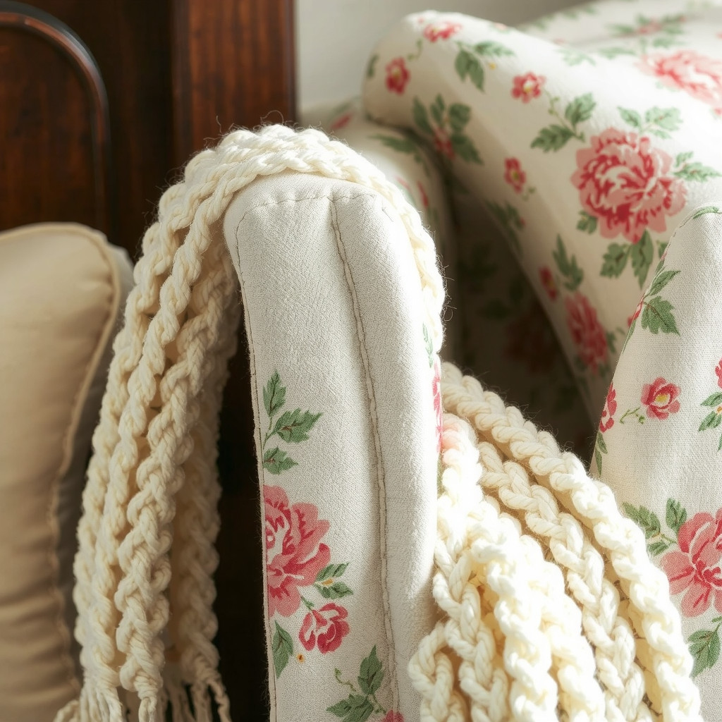 Close-up of floral upholstery and a chunky knit throw blanket