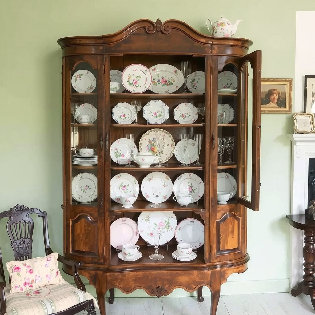 A vintage display cabinet filled with china and collectibles