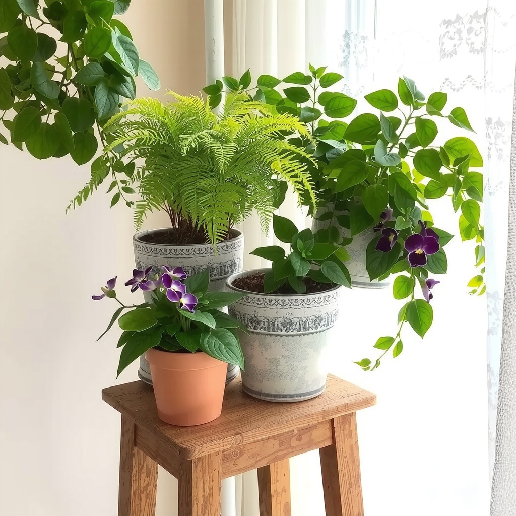 Indoor plants in vintage pots on a sunny windowsill