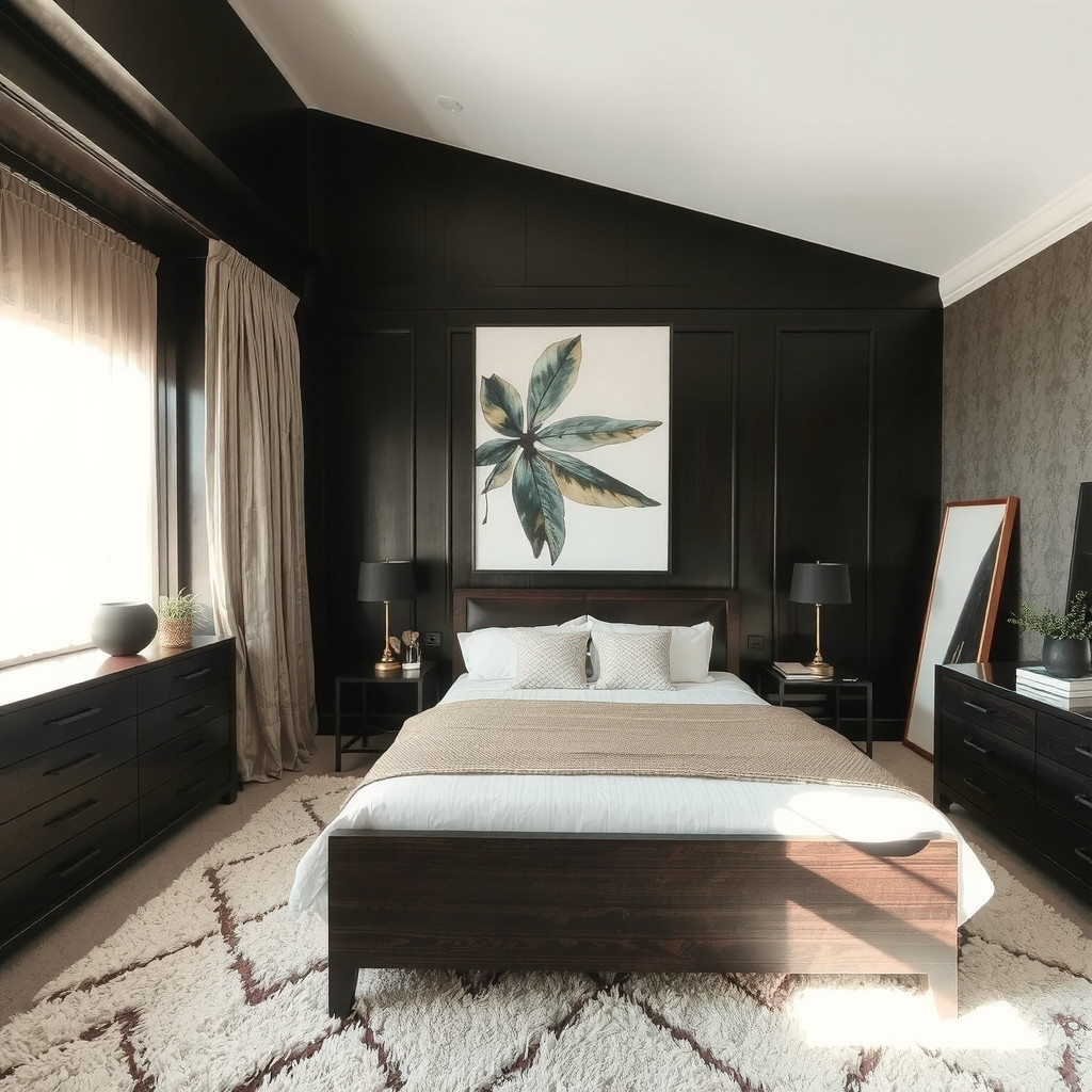 A bedroom with dark wood furniture and sheer curtains filtering the sunlight