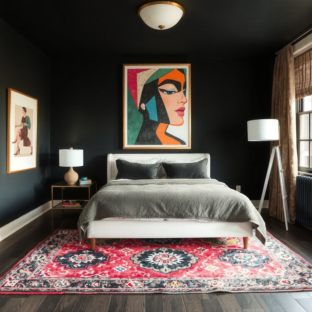 A dark bedroom with a vibrant area rug and a statement piece of art above the bed