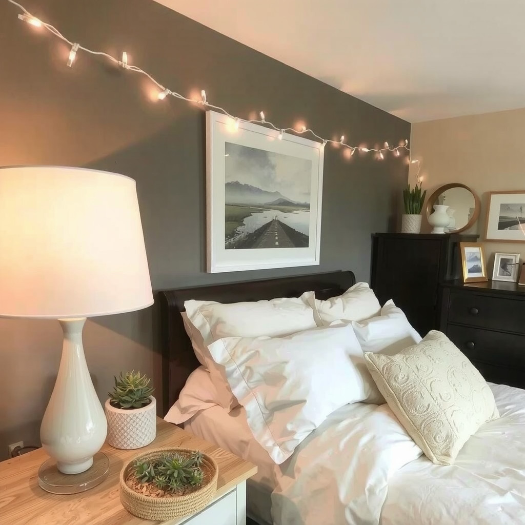 A bedroom with table lamps and string lights providing soft, warm lighting