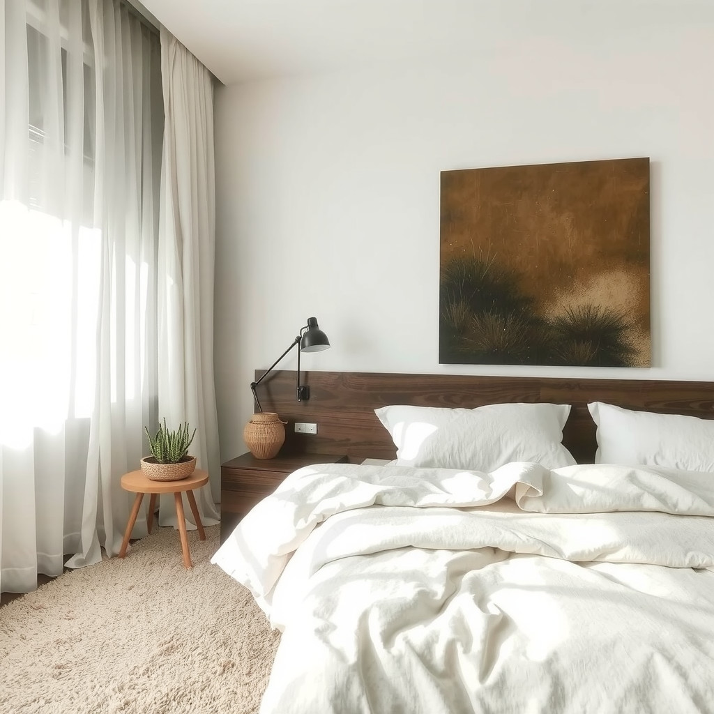 A bedroom with a few succulents on the nightstand