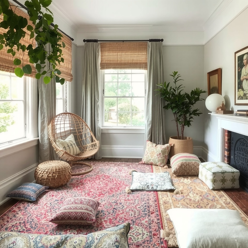 A cozy reading nook with a hanging chair and layered rugs