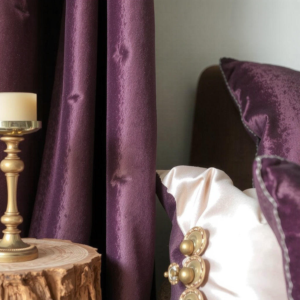 Close-up of velvet textures and brass accents