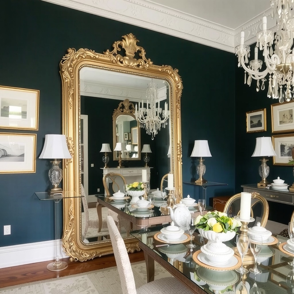 A dramatic statement mirror leaning against a dark wall