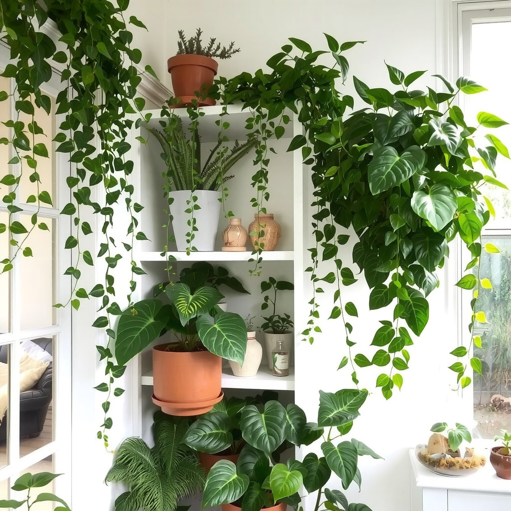 An indoor garden corner with trailing plants