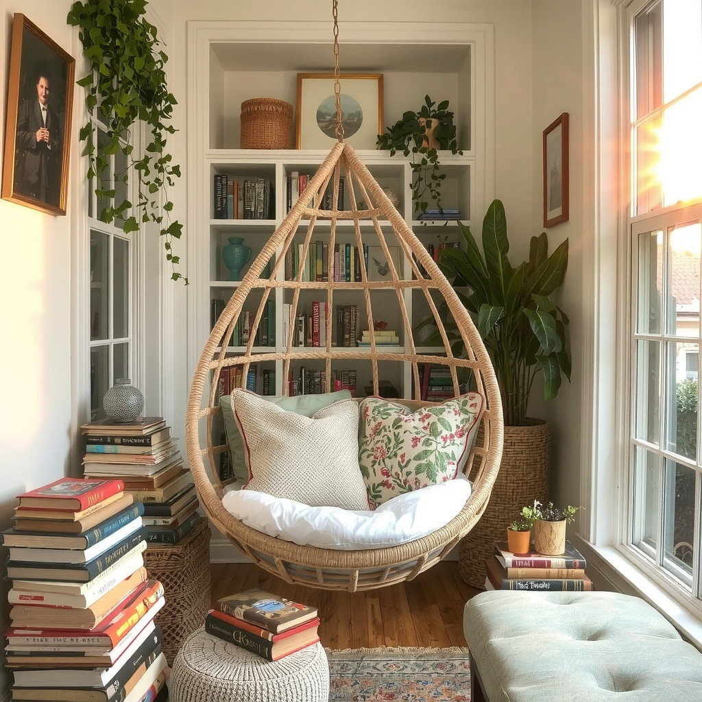 Cozy reading nook with a hanging chair and vintage books