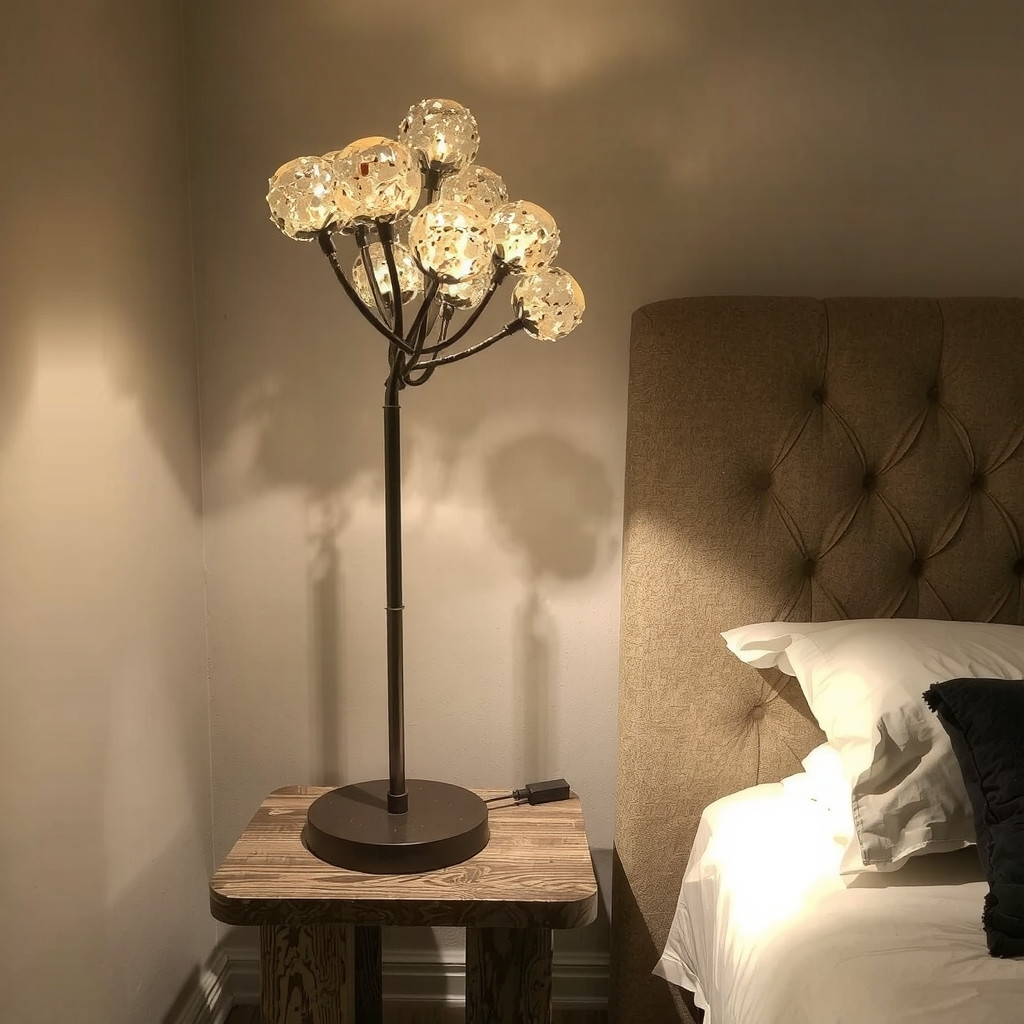 Bedroom corner with mushroom shaped floor lamp