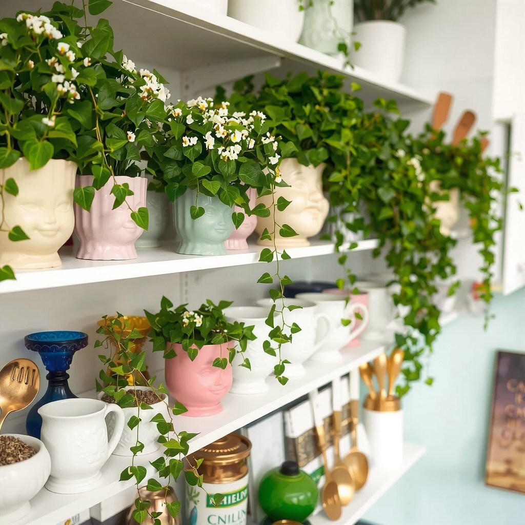 Kitchen shelves with trailing ivy in unique planters