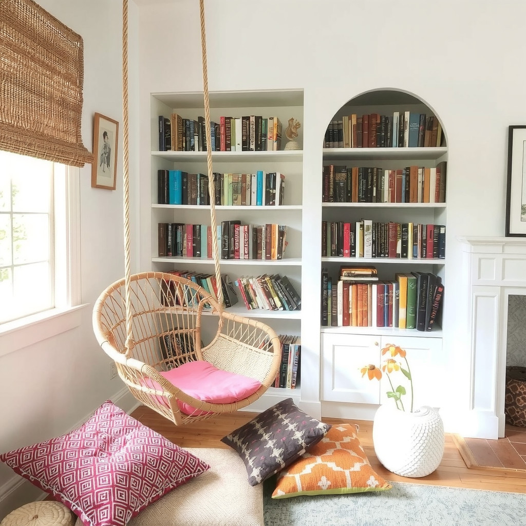 A cozy reading nook with curved furniture