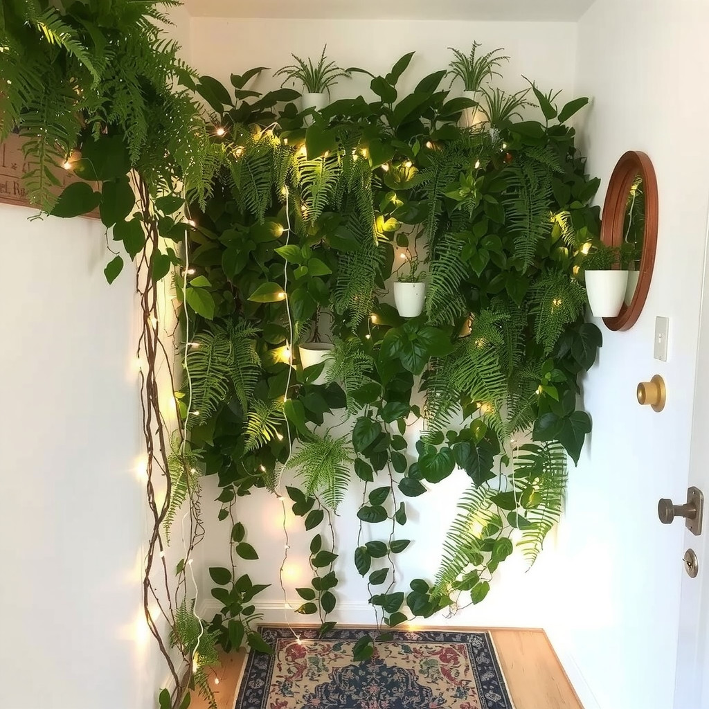 Indoor garden wall with fairy lights
