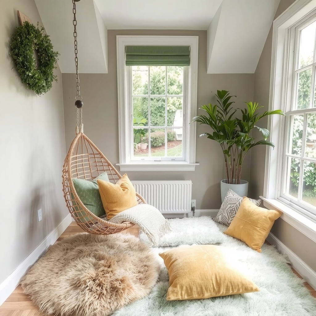 A cozy corner reading nook with a hanging rattan egg chair, layered faux fur rugs, and floor cushions in sage green and mustard, positioned near a bay window overlooking a garden, evoking a sense of secluded comfort.