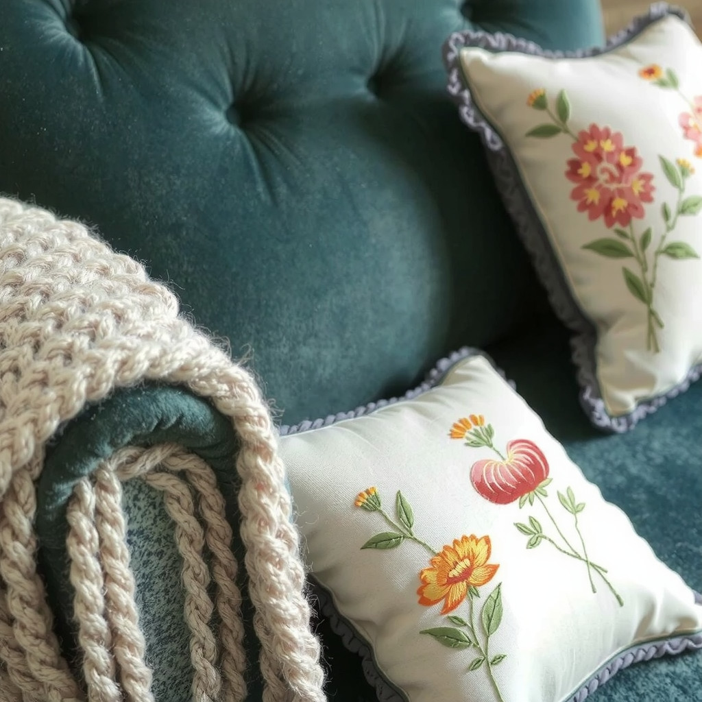 Close-up detail of rich textures showing a teal crushed velvet armchair, a hand-knit chunky wool throw, and silk scatter cushions with botanical embroidery, highlighting the tactile luxury of a whimsical interior.
