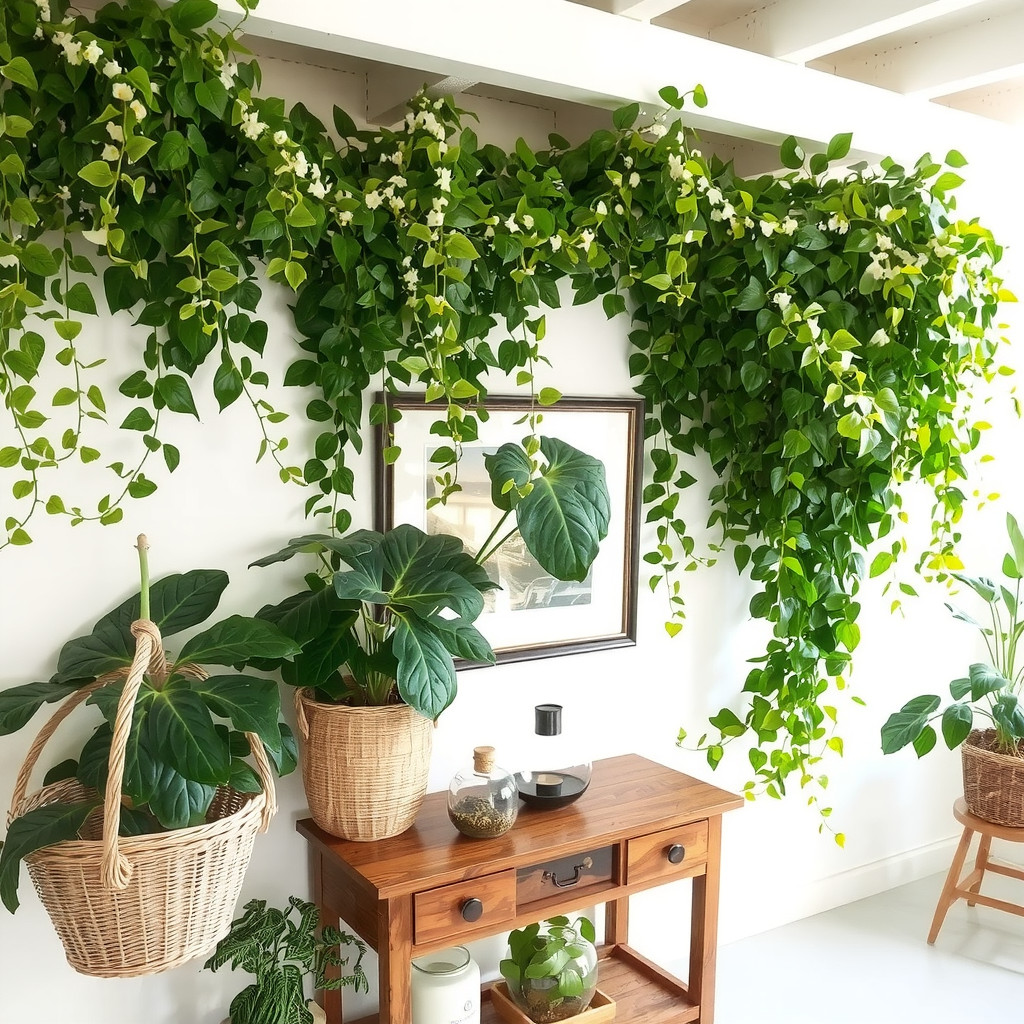 An indoor botanical sanctuary featuring cascading English ivy hanging from ceiling beams, large monstera plants in woven baskets, and glass terrariums on a rustic wooden console table, bathed in bright natural light.