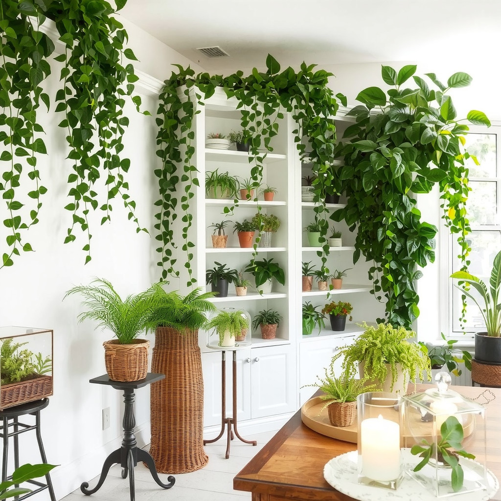 A lush indoor space filled with hanging plants
