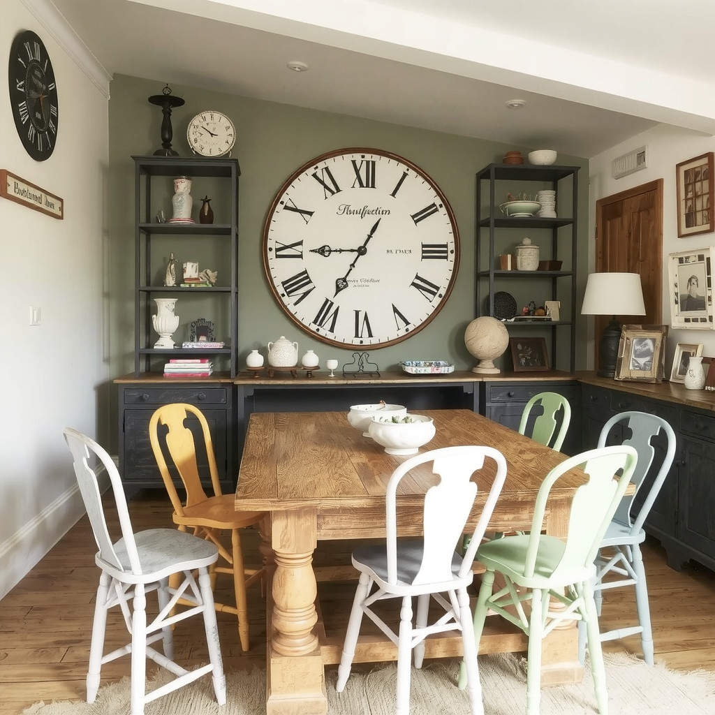 An eclectic dining area with mismatched chairs and a statement wall