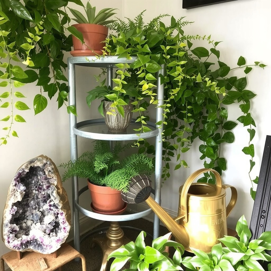 A lush indoor garden corner with trailing vines and crystals