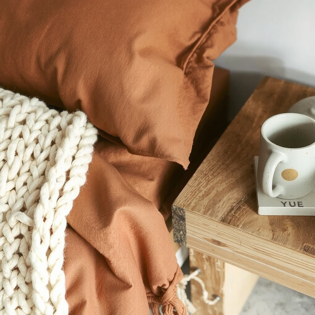 Close up of linen sheets and wood textures