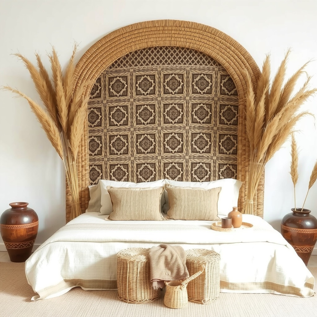 Woven rattan headboard against a white wall