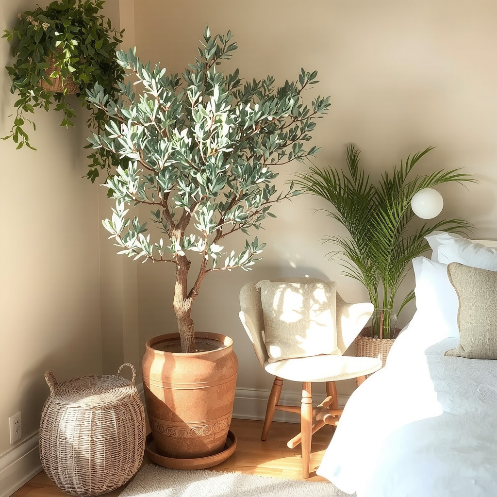 Potted olive tree in a bedroom corner