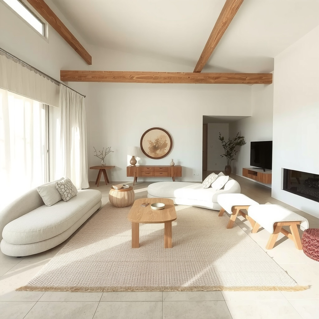 Open plan living room with organic furniture arrangement