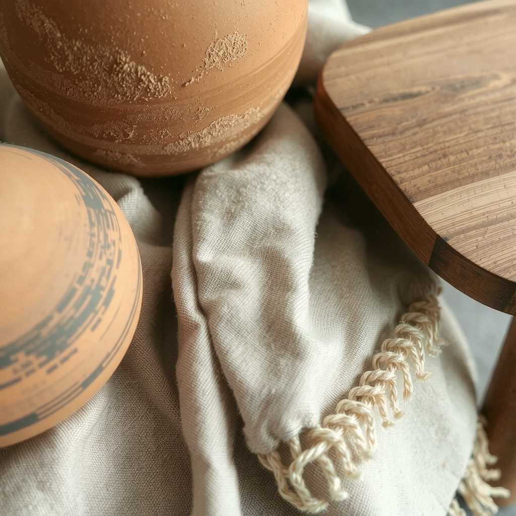 Close up of linen textures and raw wood surfaces