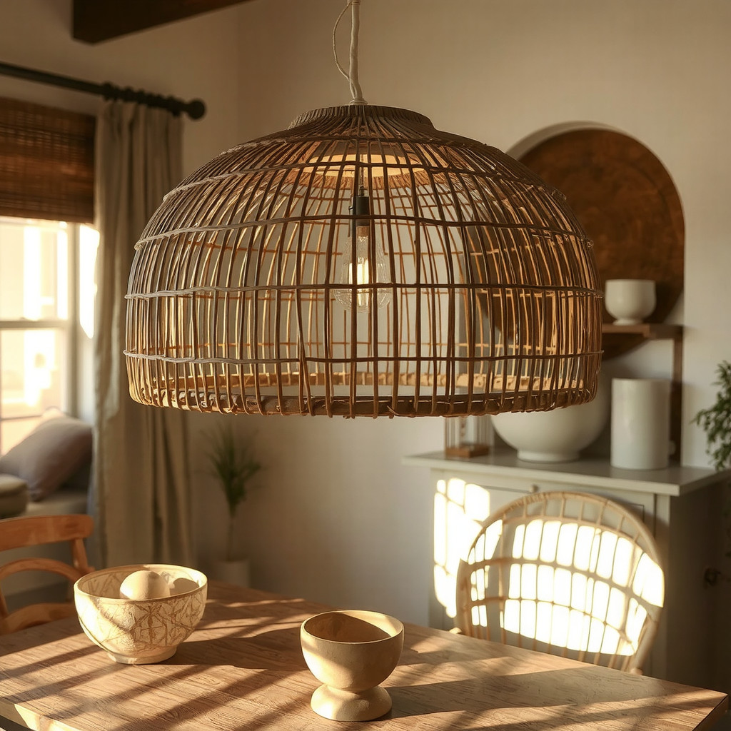 Woven rattan pendant light casting shadows