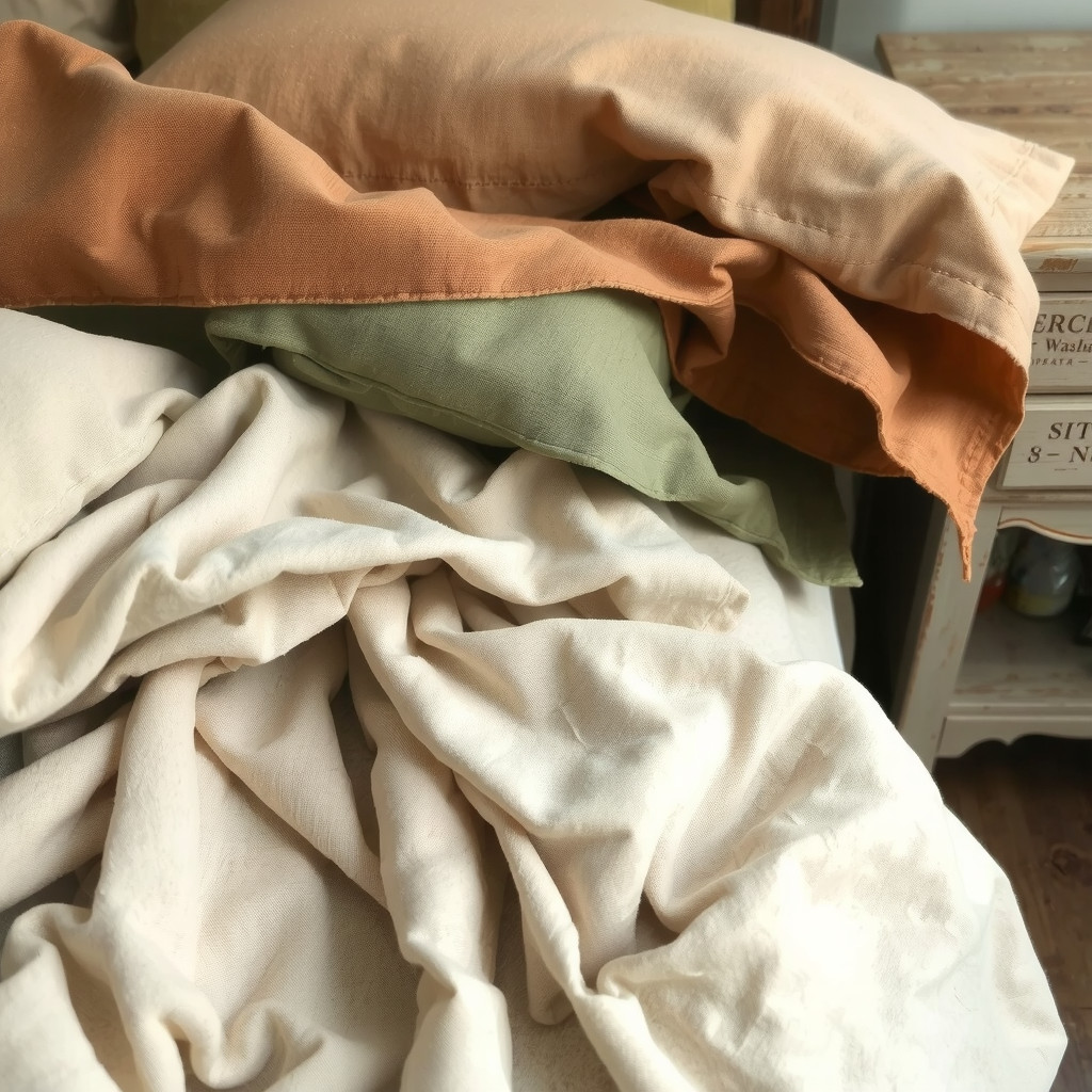 Close up of crumpled linen bedding in sage and clay tones