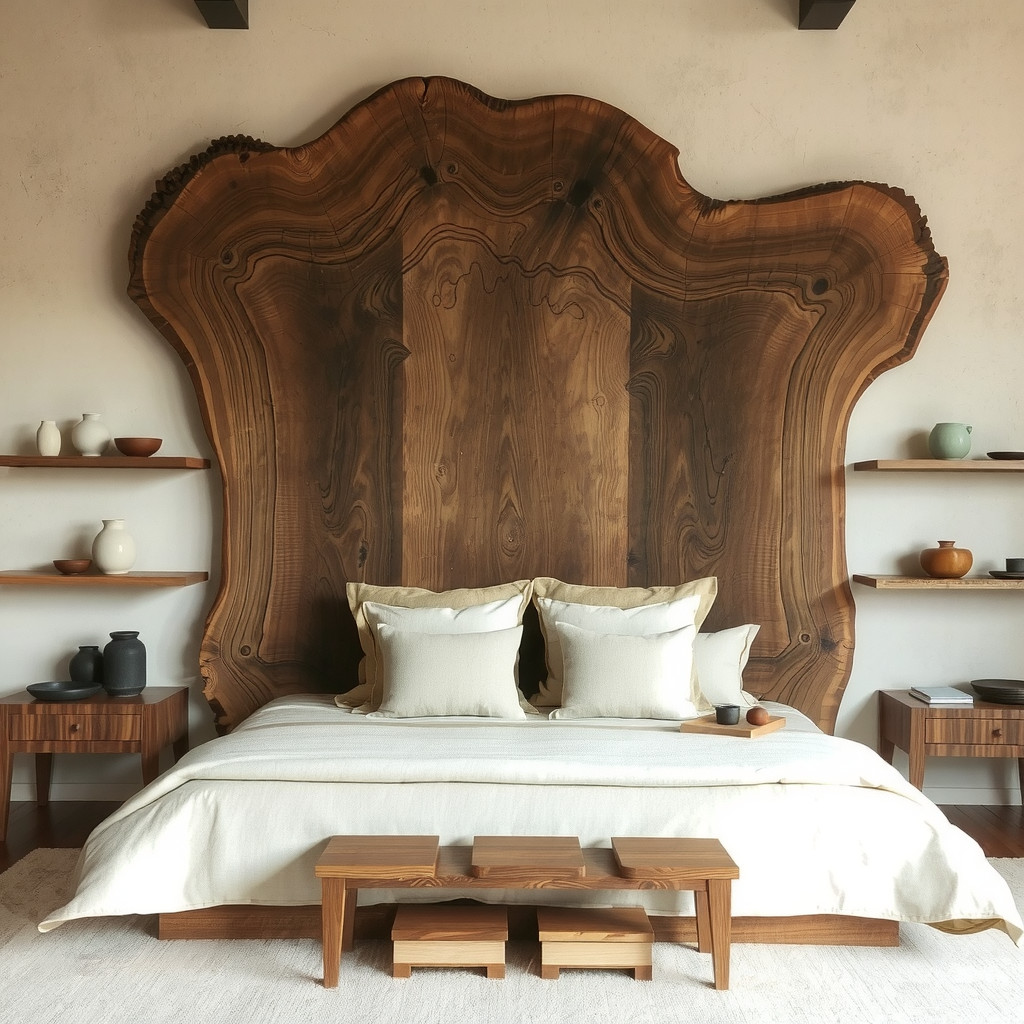Reclaimed wood headboard against a textured limewash wall