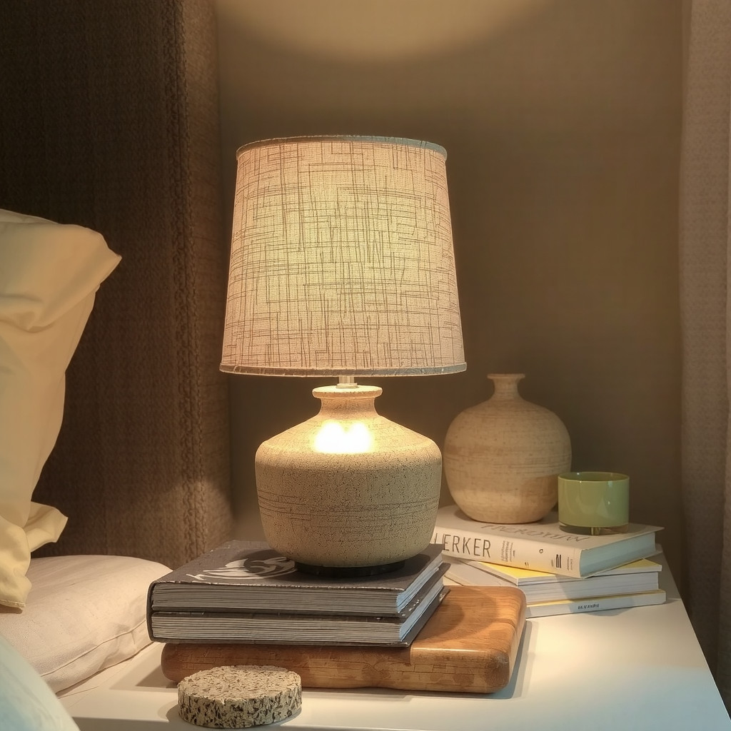 Warm ambient lighting from a ceramic bedside lamp